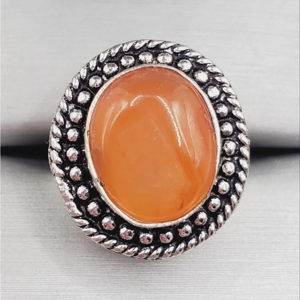 Genuine Bezel Set Orange Carnelian 925 Sterling Silver Ring
